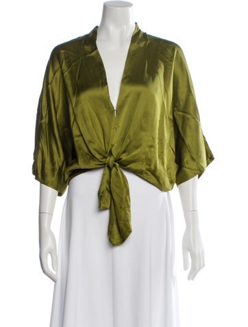 Pre-owned The Sei Silk V-neck Top In Green