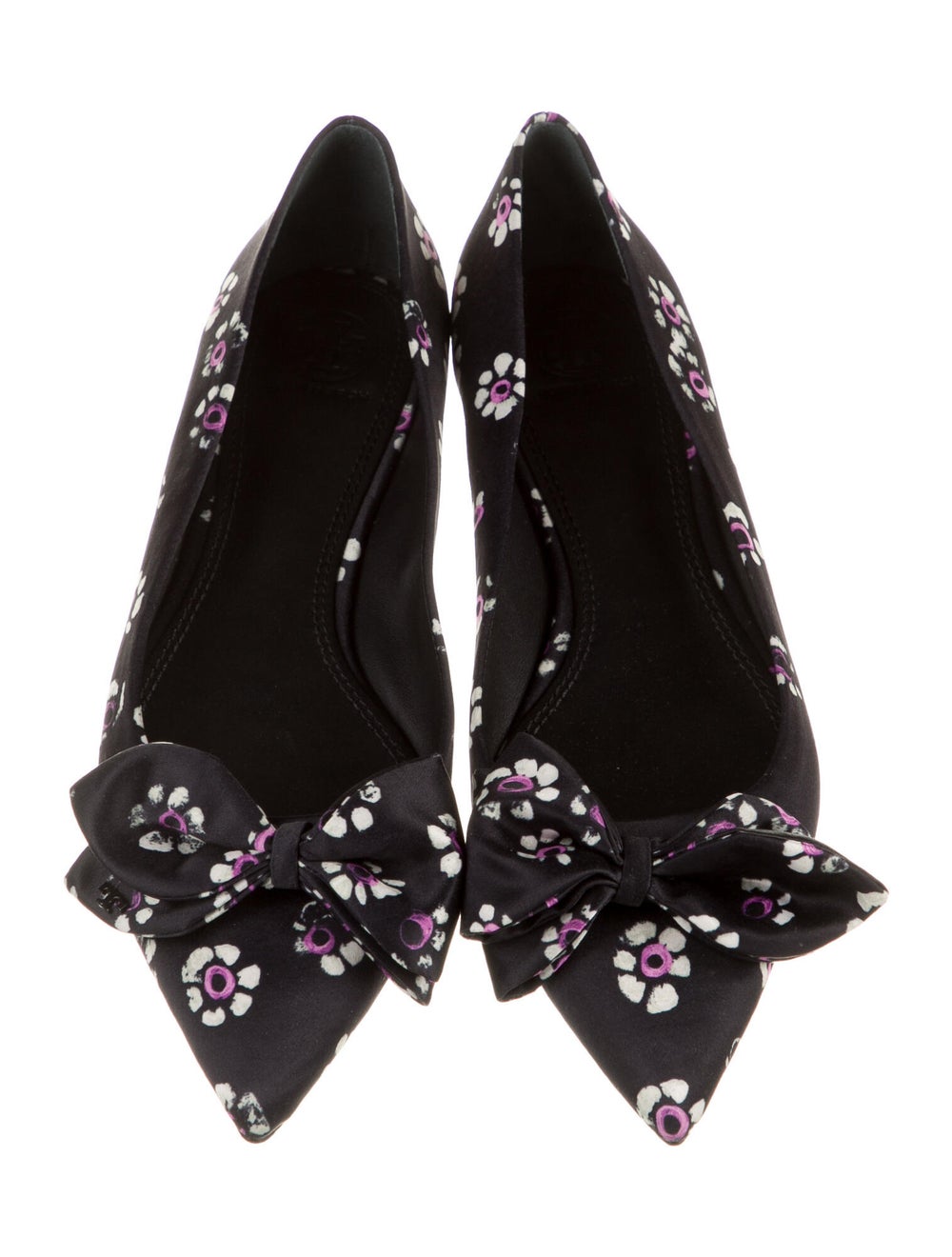 Tory Burch Floral Print Bow Accents Flats Black Flats, Shoes