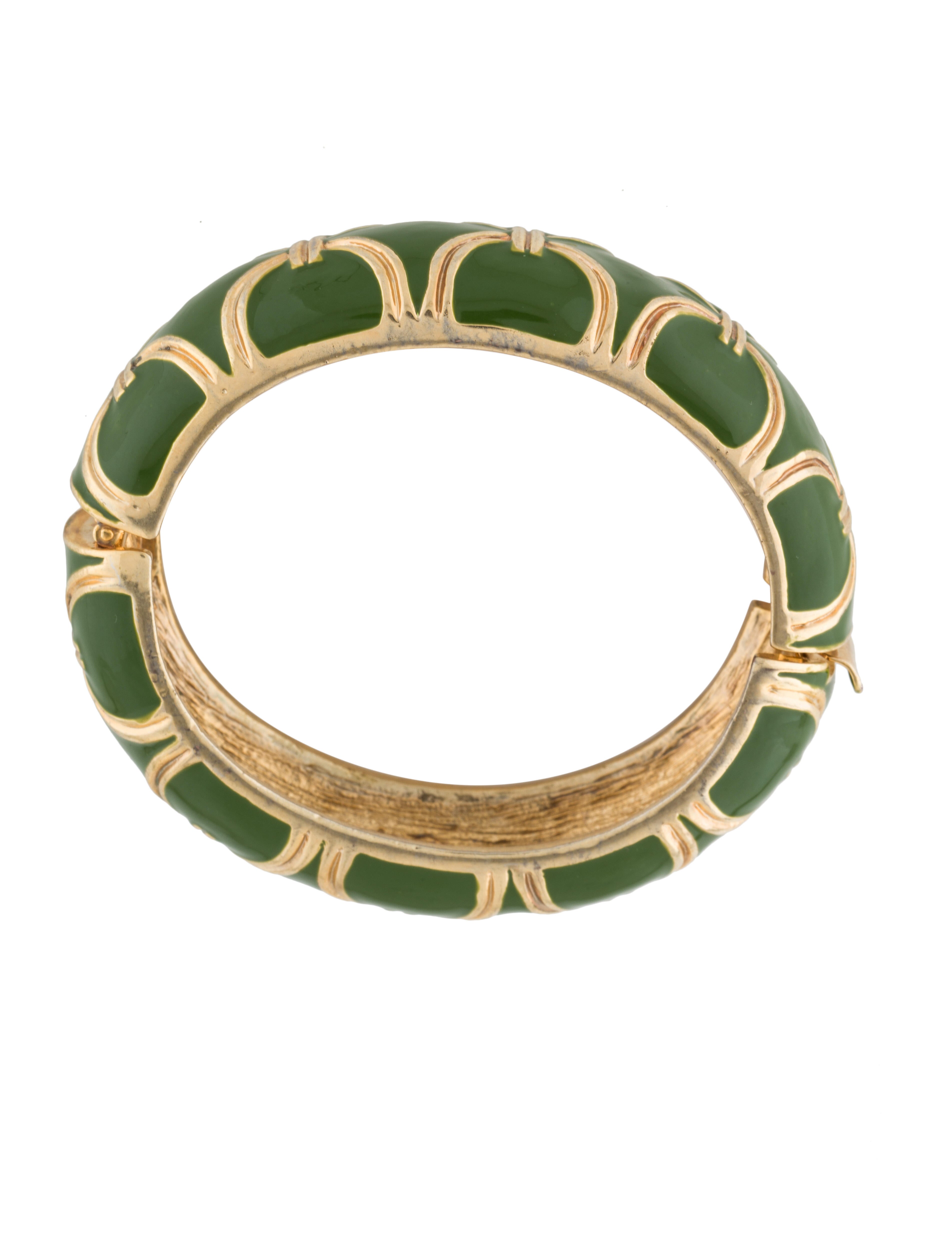 Tory Burch Enamel Hinged Bracelet Green, GoldTone Metal Bangle