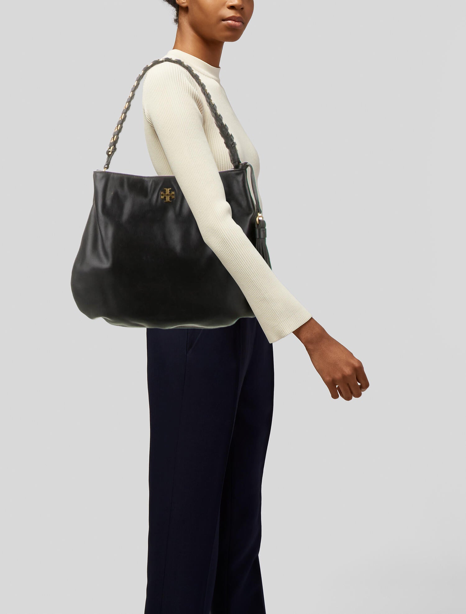 Tory Burch Leather Shoulder Bag w/ Braided Strap Black Shoulder Bags