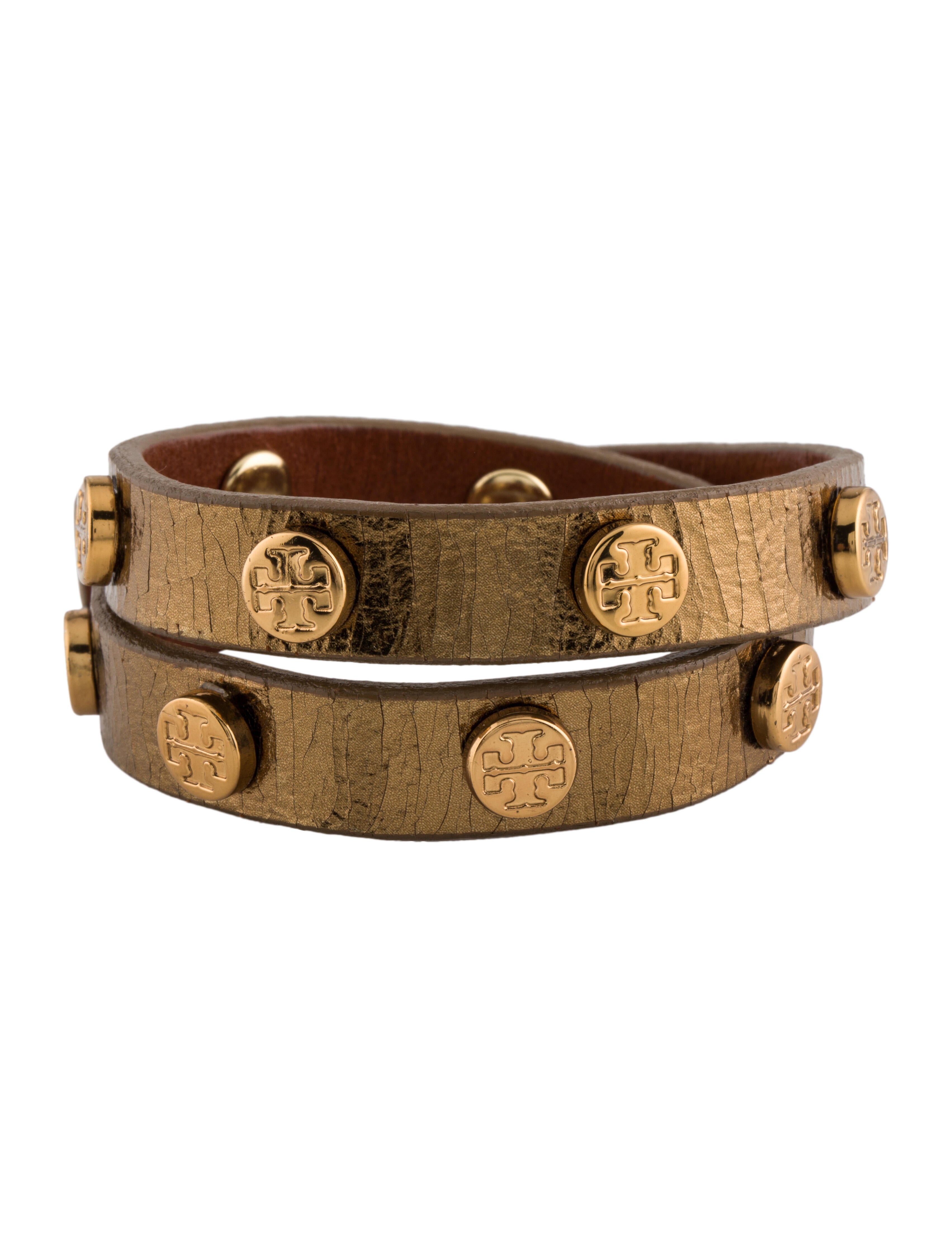 Tory Burch Leather Double Wrap Logo Stud Bracelet SilverTone Metal