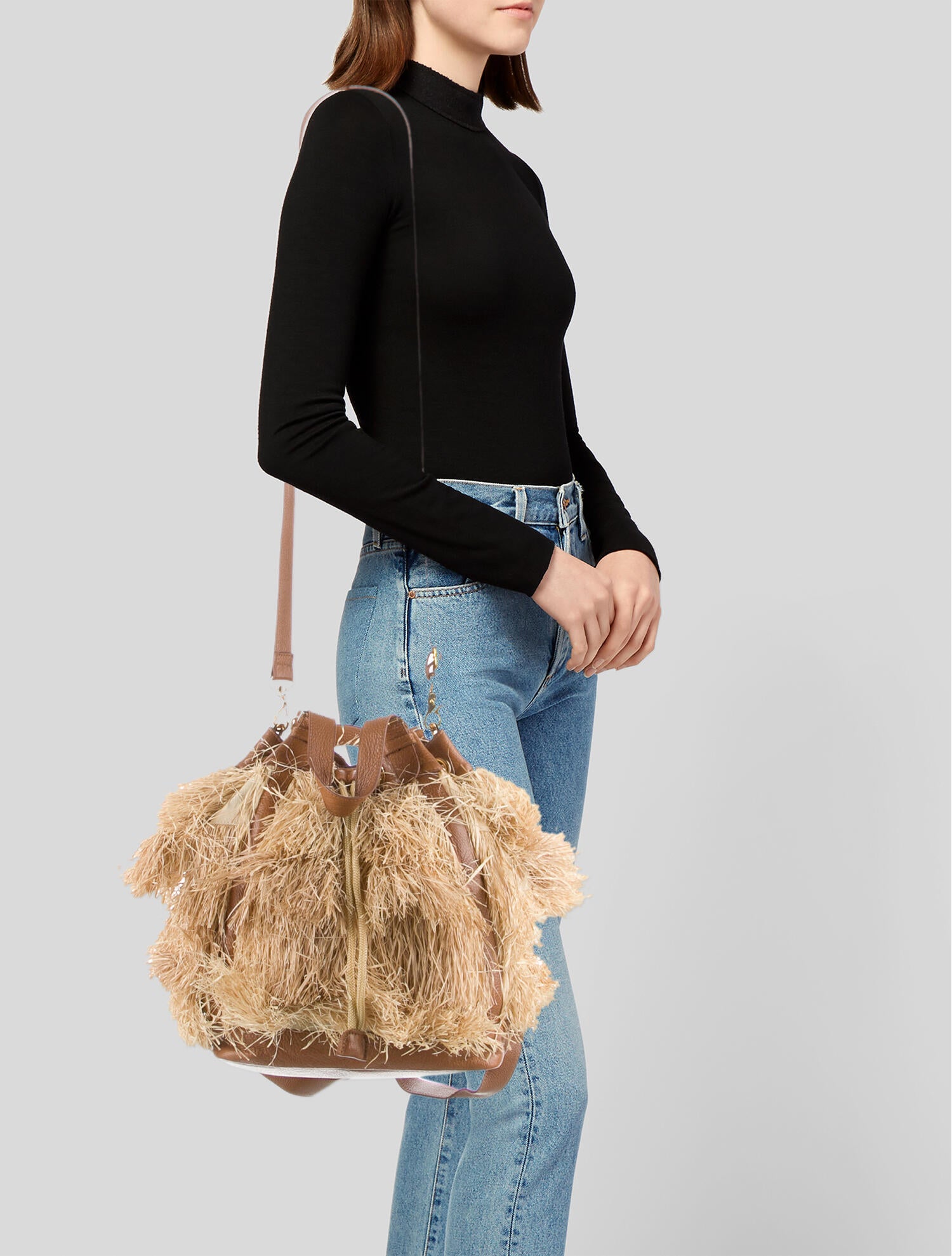 Tory Burch Raffia Leather Trimmed Backpack