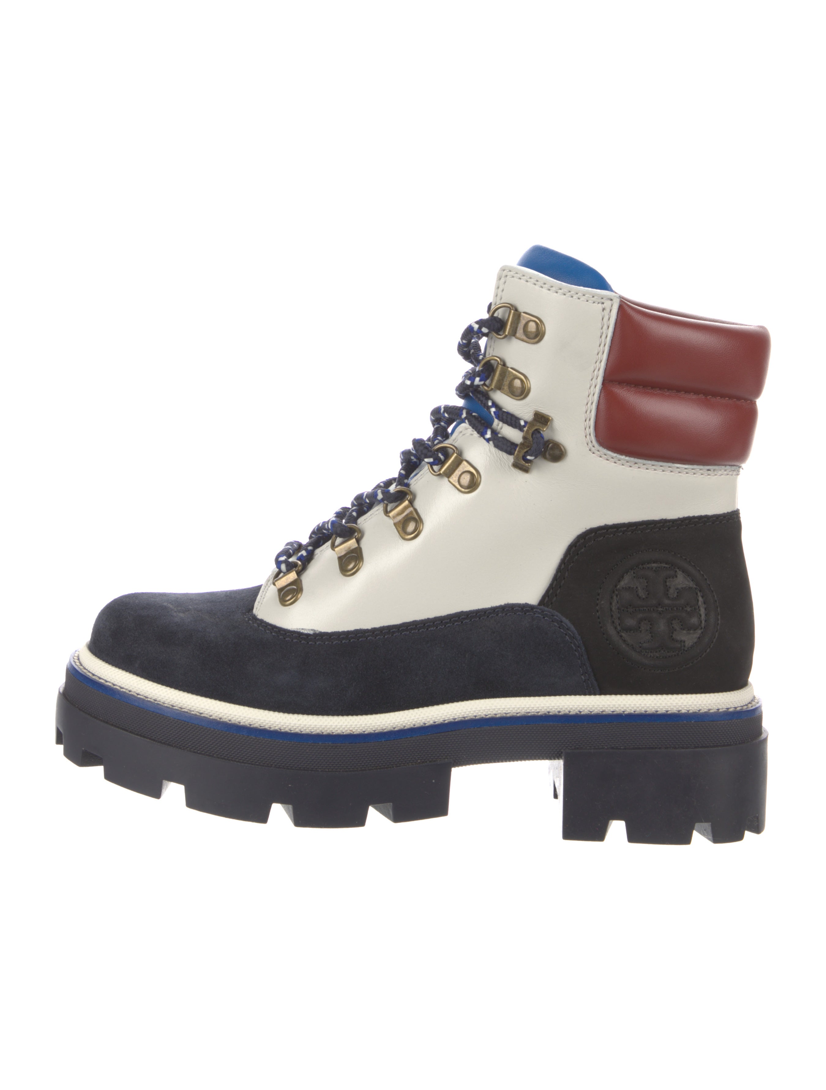 Tory Burch Leather Colorblock Pattern Hiking Boots Blue Boots, Shoes