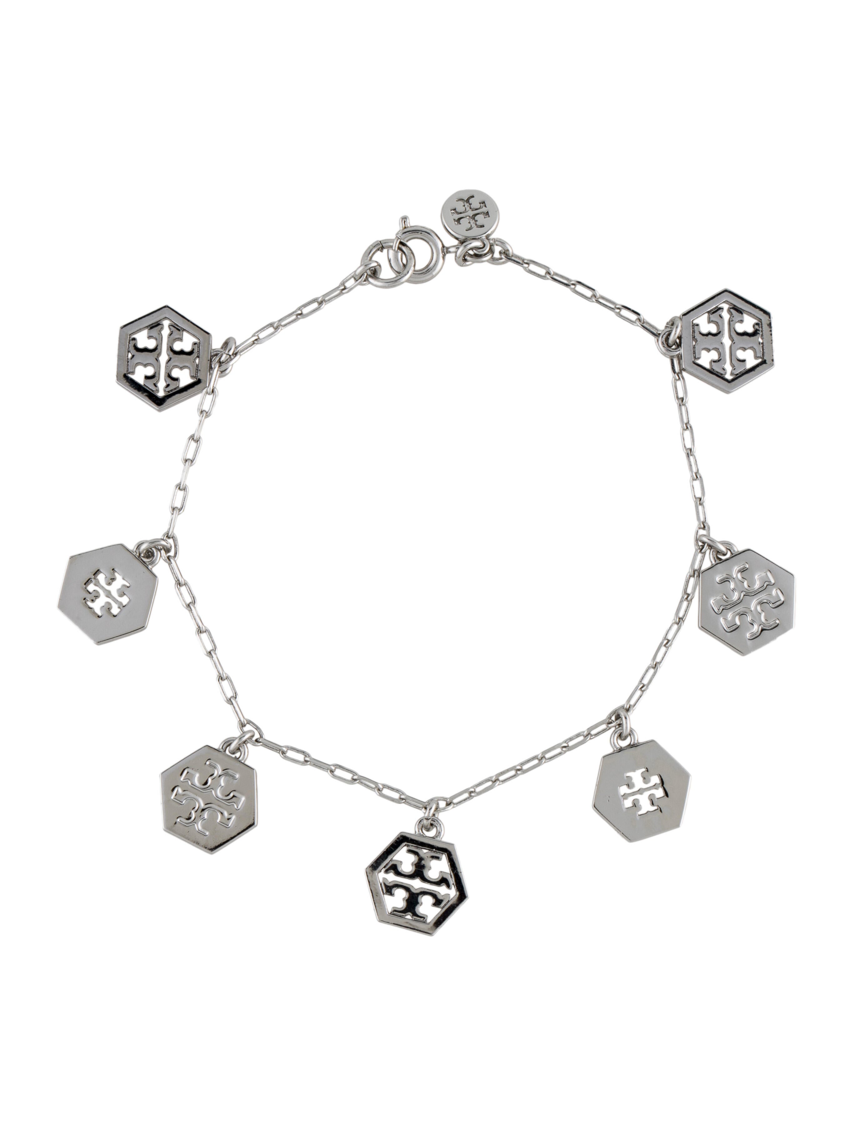 Tory Burch Hexagon Logo Charm Bracelet SilverTone Metal Charm