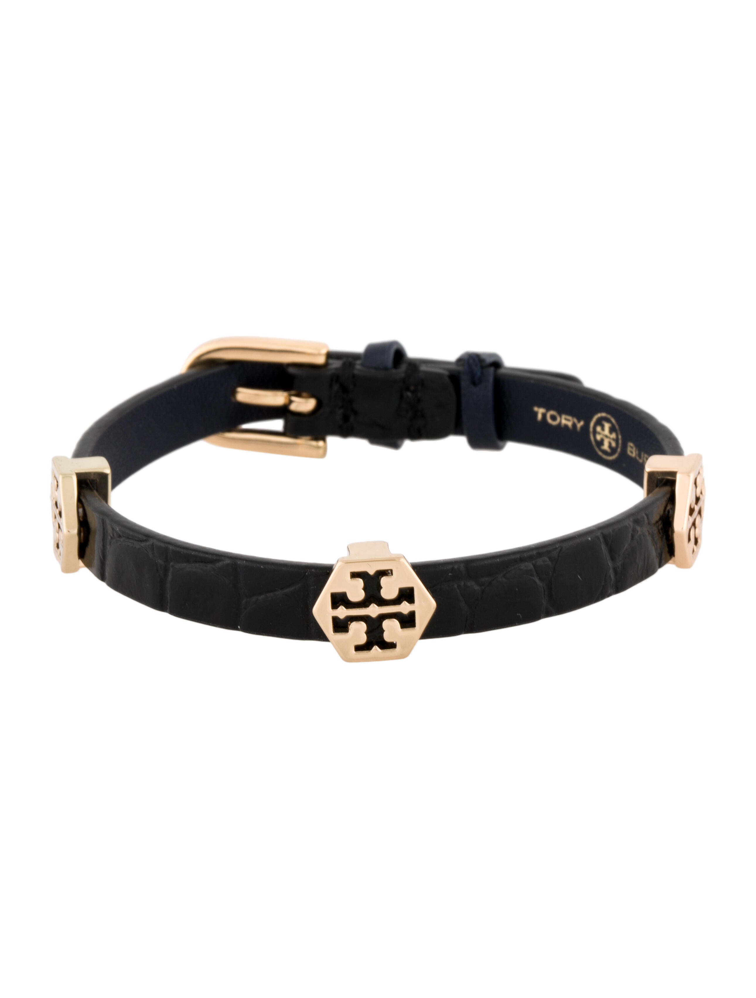 Tory Burch Leather Hexagon Logo Single Wrap Bracelet GoldTone Metal