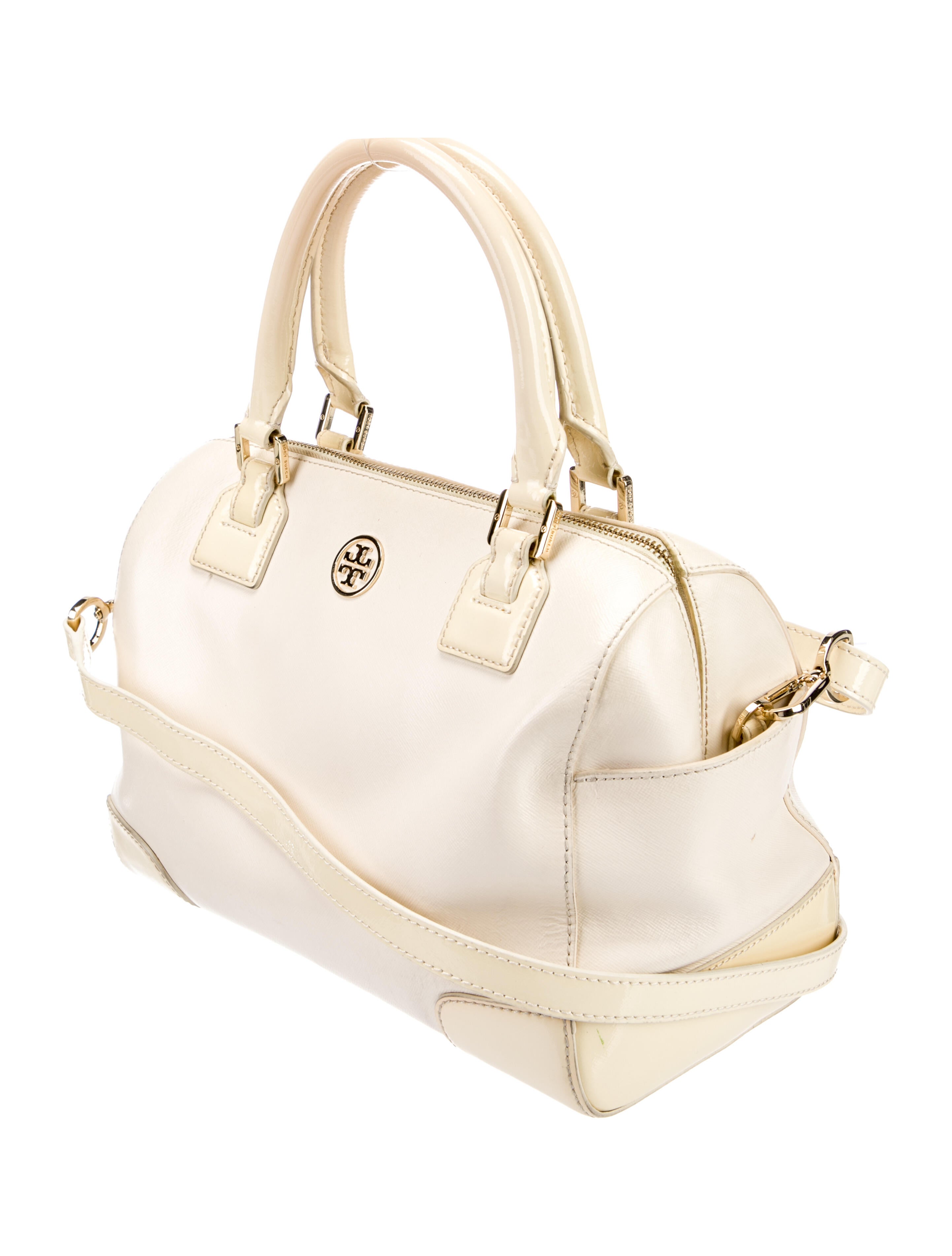 Tory Burch Patent Trim Saffiano Leather Handle Bag Neutrals Handle