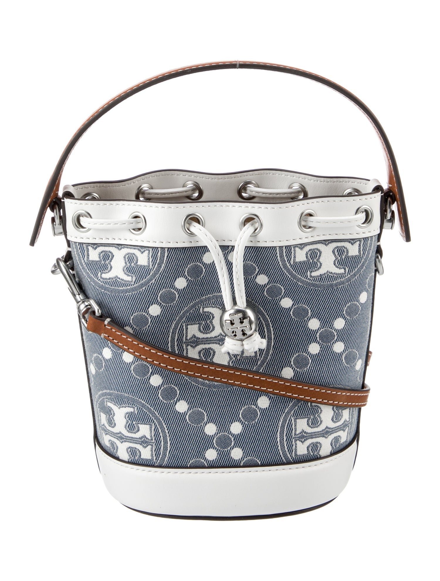 TORY BURCH BLUE/CREAM THEA STRAW BUCKET BAG
