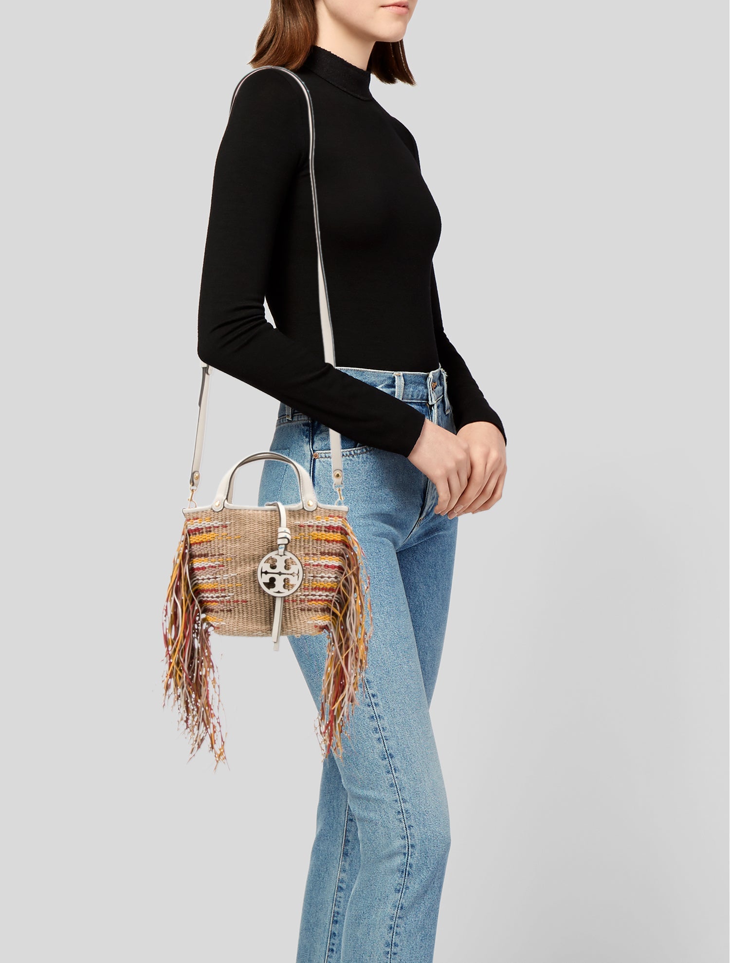 美品　トリーバーチ　Miller Straw Mini Bucket Bag Tory Burch Raffia Miller Fringe Mini Bucket Bag - Neutrals Bucket