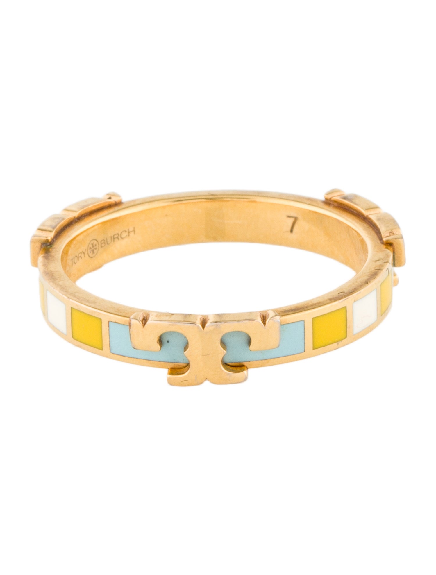Tory Burch ロゴ メタル リング Serif-T Tory Burch Enamel Serif T Logo Ring - White, Gold-Tone Metal