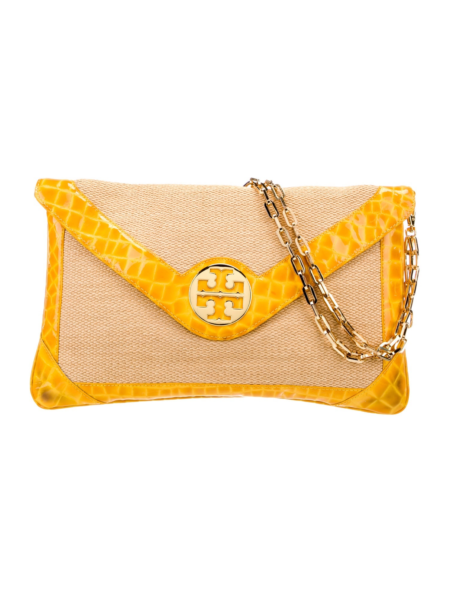 Tory Burch イエロー ラウンドバッグ Tory Burch Yellow Logo Embossed Leather Double Zip Camera