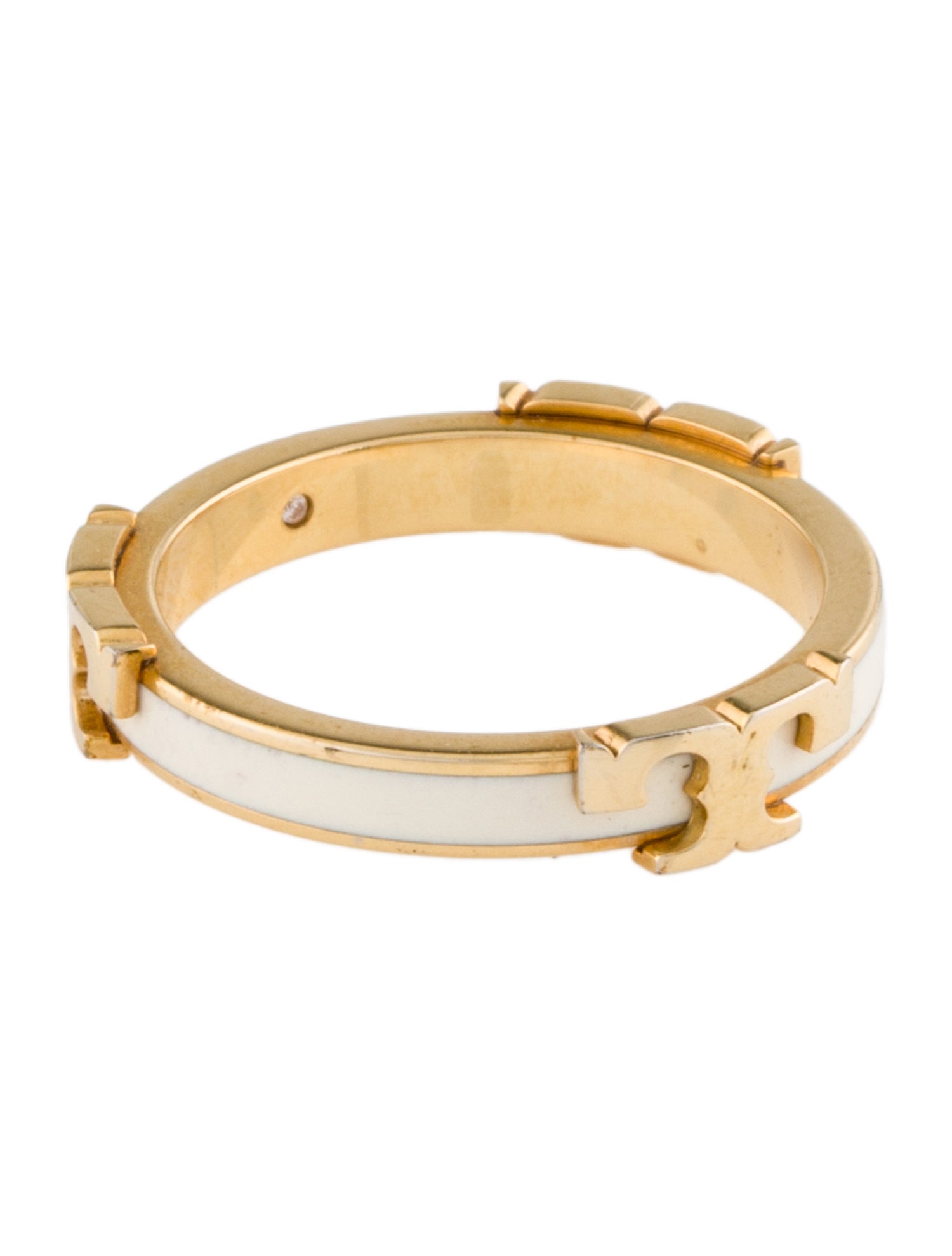 Tory Burch ロゴ メタル リング Serif-T Tory Burch Enamel Serif T Logo Ring - White, Gold-Tone Metal