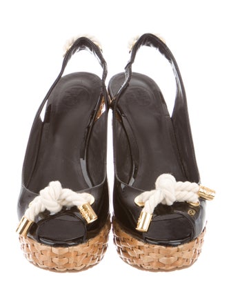 Tory Burch Patent Leather Peep-Toe Wedges