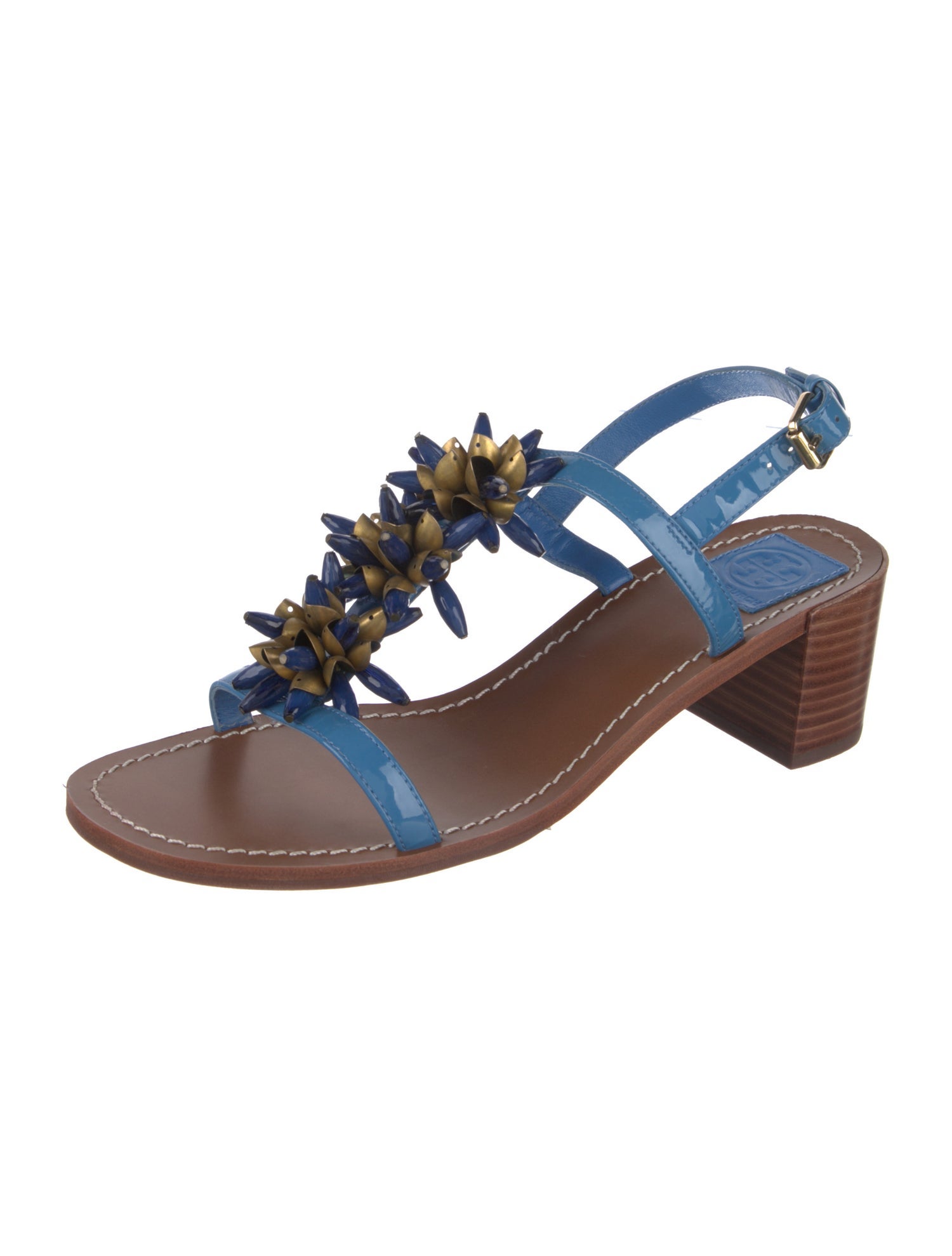Tory Burch Patent Leather Beaded Accents T-Strap Sandals
