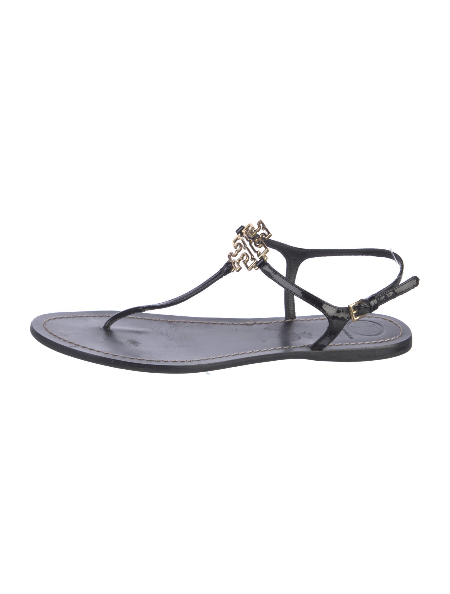 Tory Burch Patent Leather Whipstitch Trim T-Strap Sandals