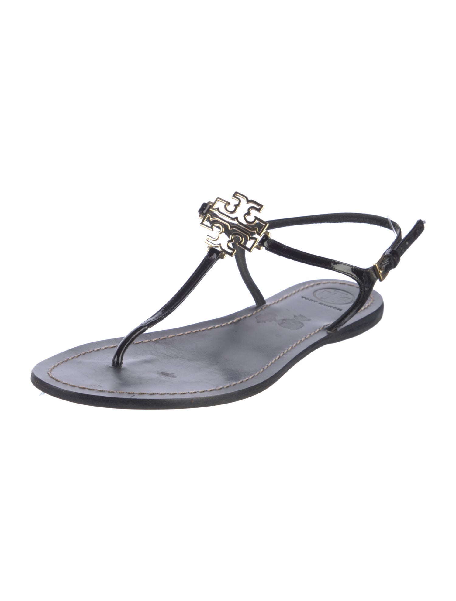 Tory Burch Patent Leather Whipstitch Trim T-Strap Sandals