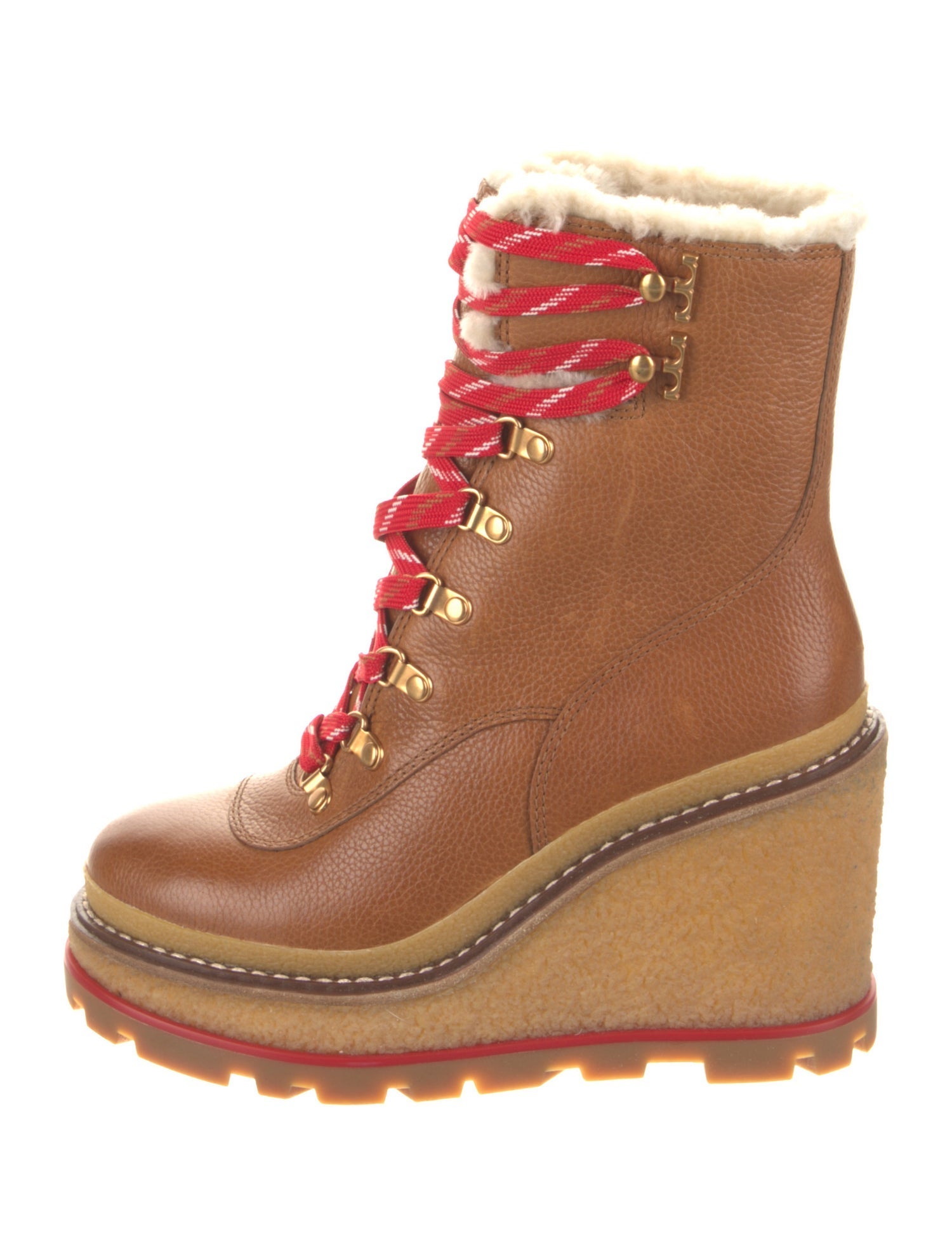 Tory Burch Leather Fur Trim Combat Boots