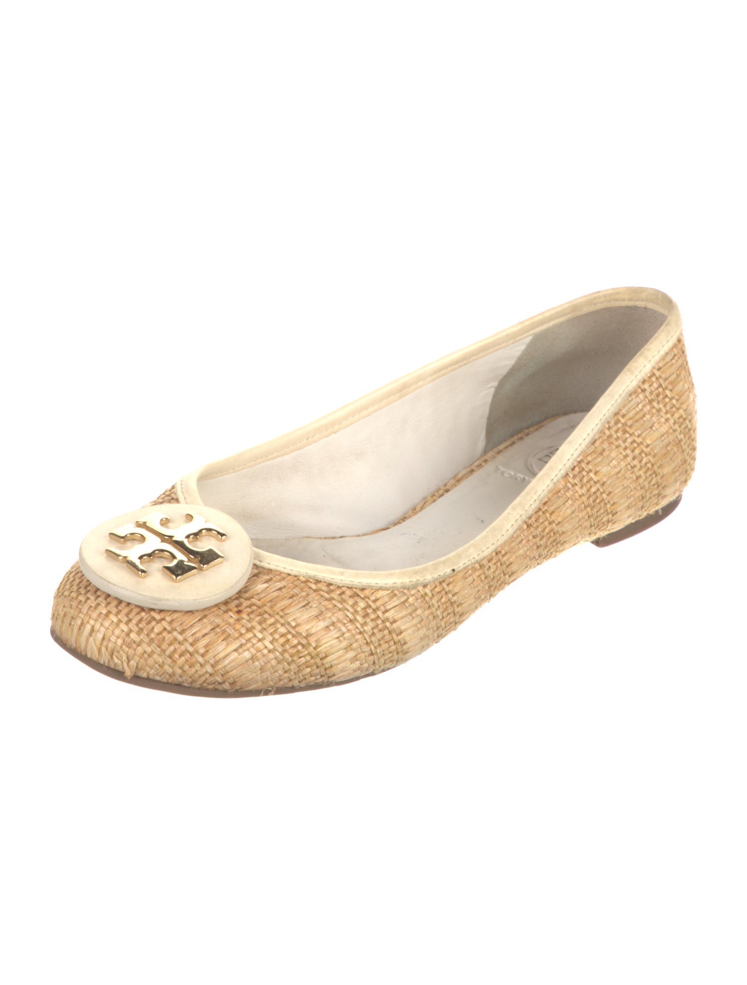 Tory Burch Raffia Leather Trim Embellishment Ballet Flats