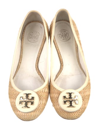 Tory Burch Raffia Leather Trim Embellishment Ballet Flats