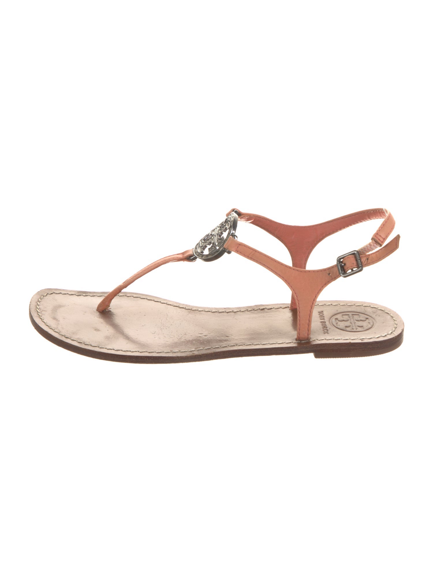 Tory Burch Leather Crystal Embellishments T-Strap Sandals