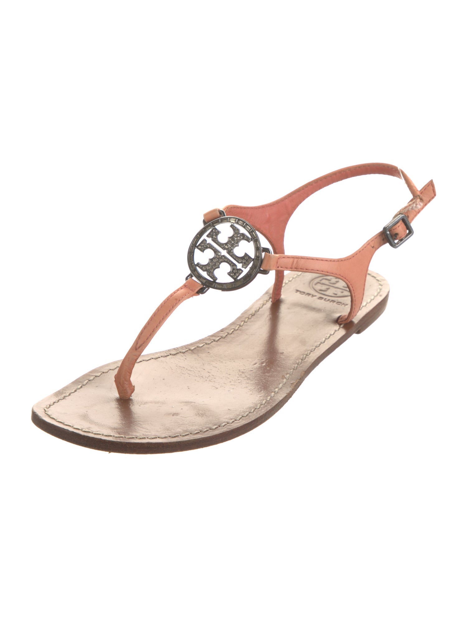 Tory Burch Leather Crystal Embellishments T-Strap Sandals