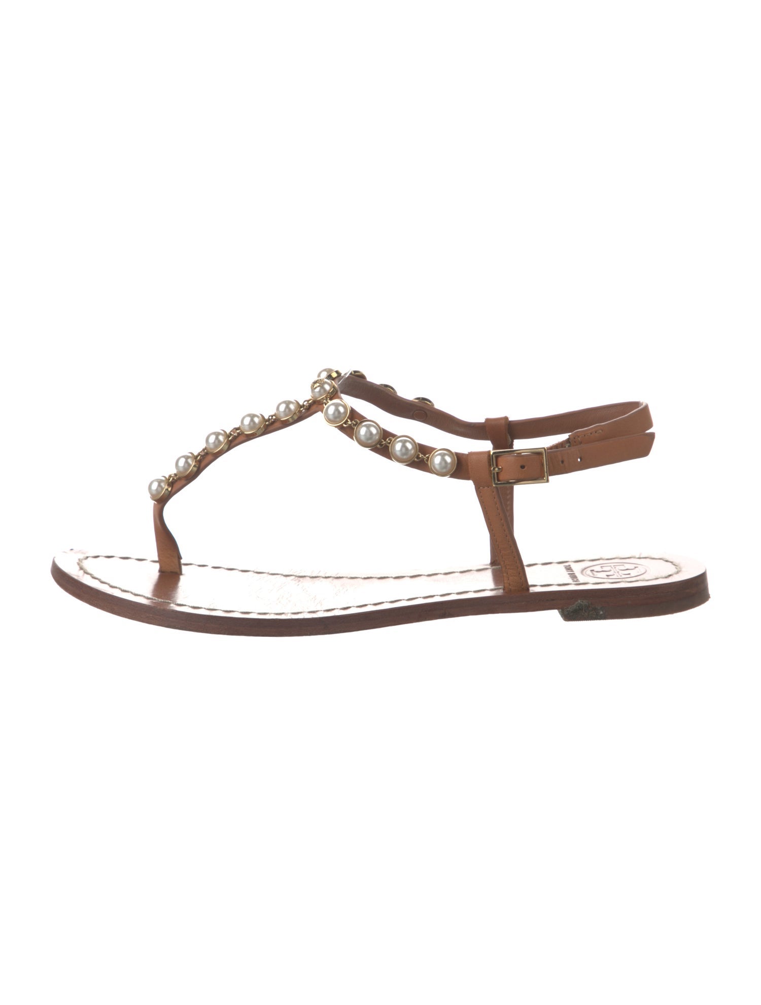 Tory Burch Leather Chain-Link Accents T-Strap Sandals