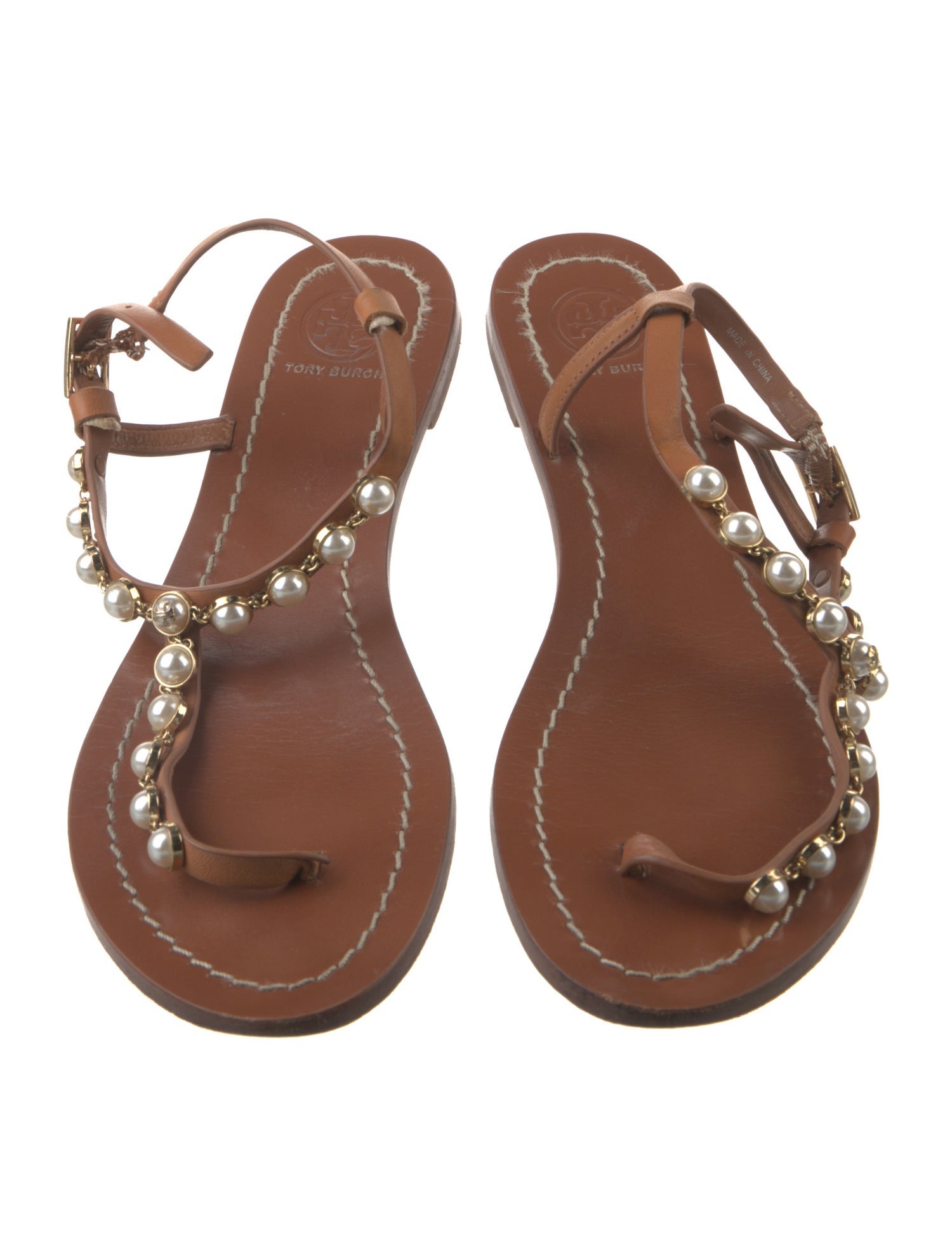 Tory Burch Leather Chain-Link Accents T-Strap Sandals