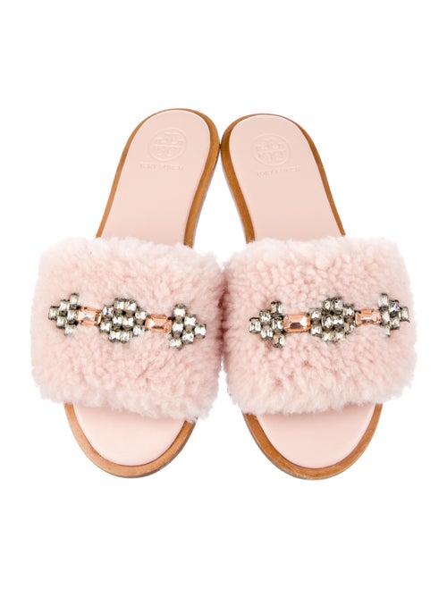 Tory Burch Fur Crystal Embellishments Slides