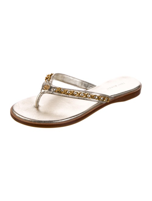 Tory Burch Leather Chain-Link Accents Slides