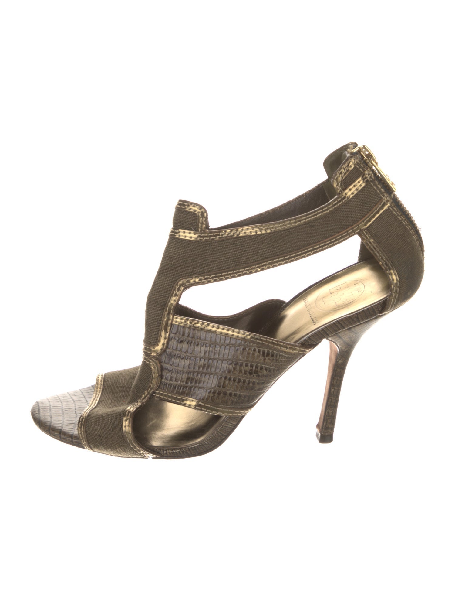 Tory Burch Canvas Leather Trim Embellishment T-Strap Sandals