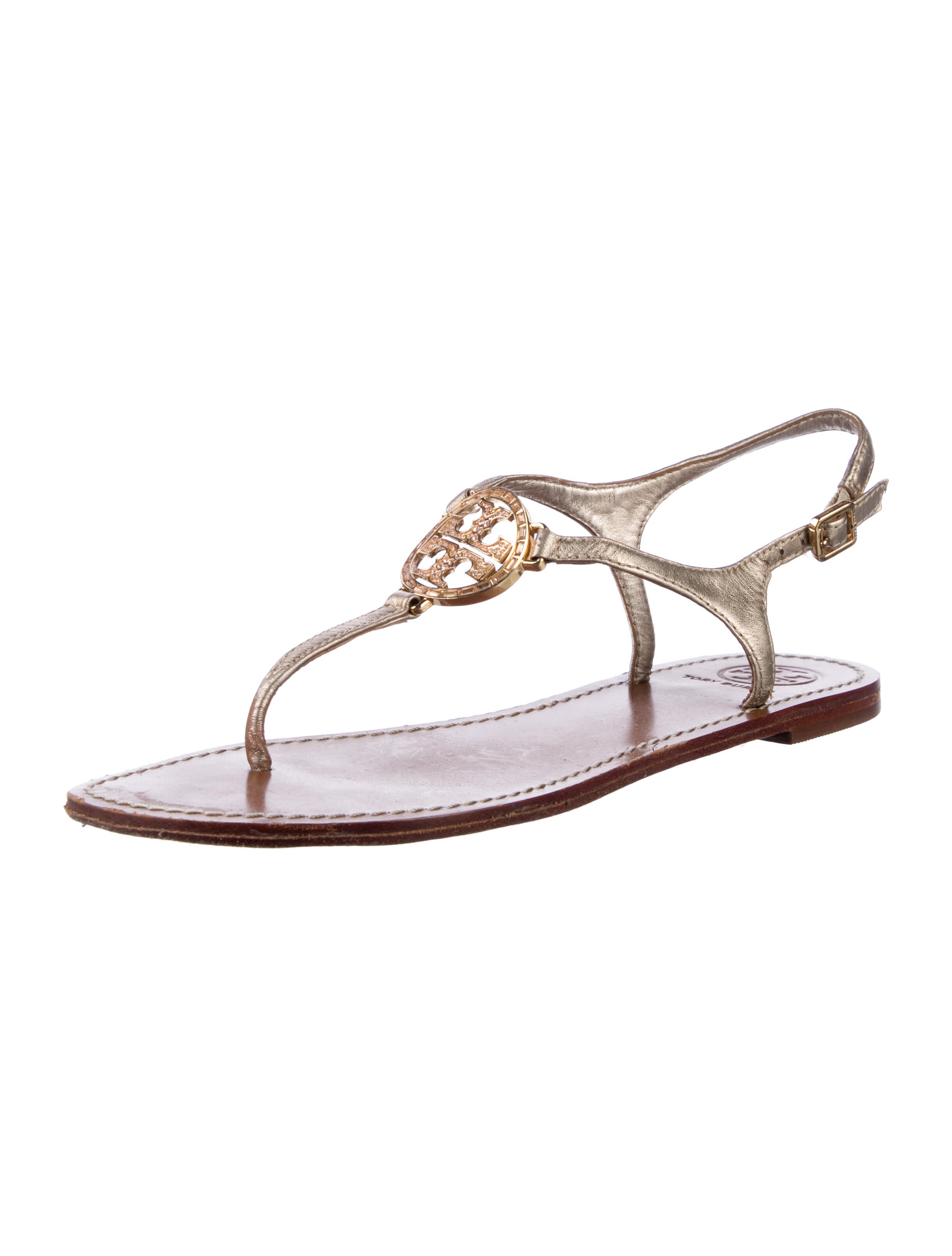 Tory Burch Leather Crystal Embellishments T-Strap Sandals