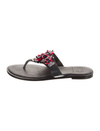 Tory Burch Leather Crystal Embellishments Slides