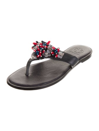 Tory Burch Leather Crystal Embellishments Slides