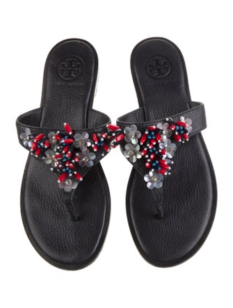 Tory Burch Leather Crystal Embellishments Slides