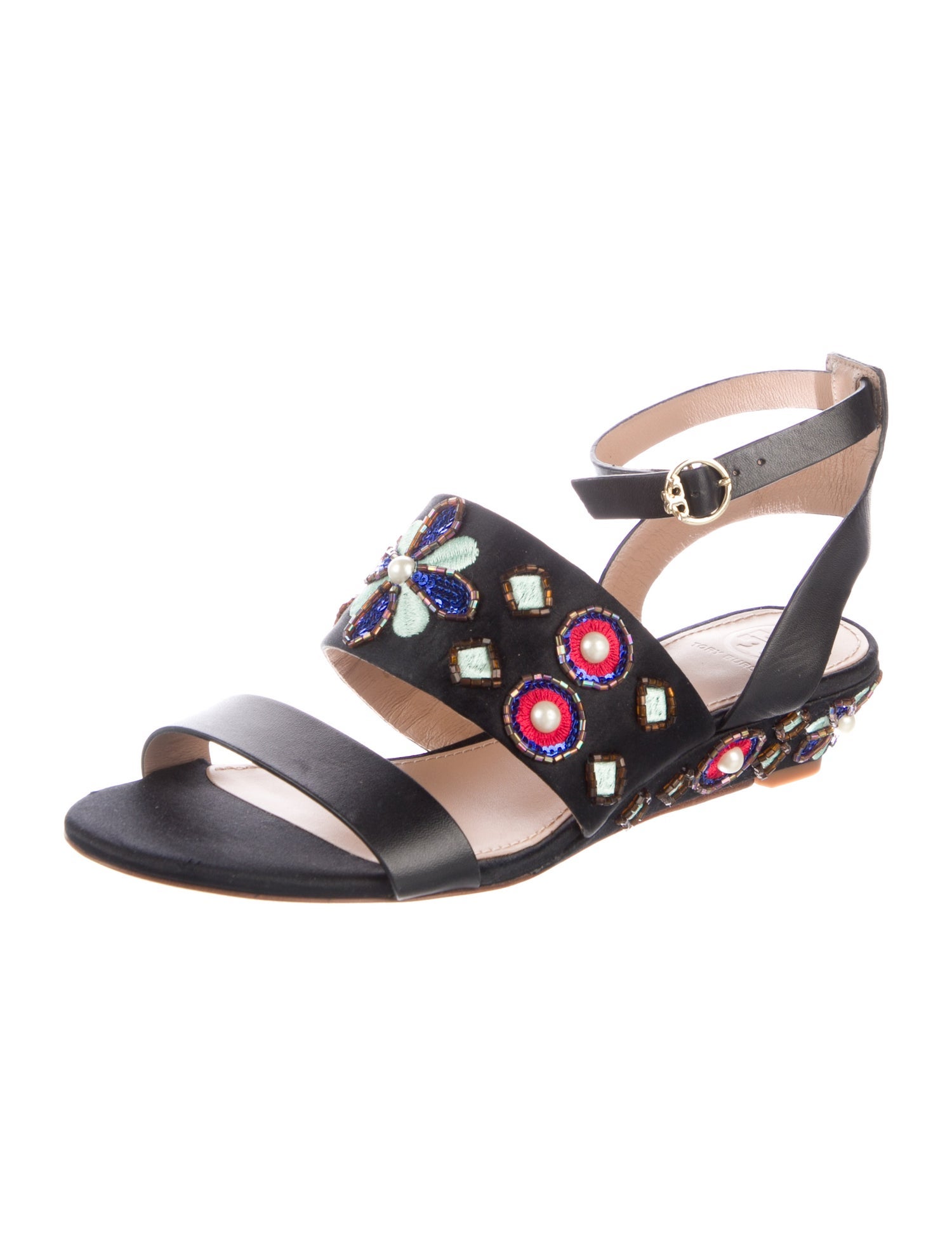 Tory Burch Faux Pearl Accents Satin Sandals