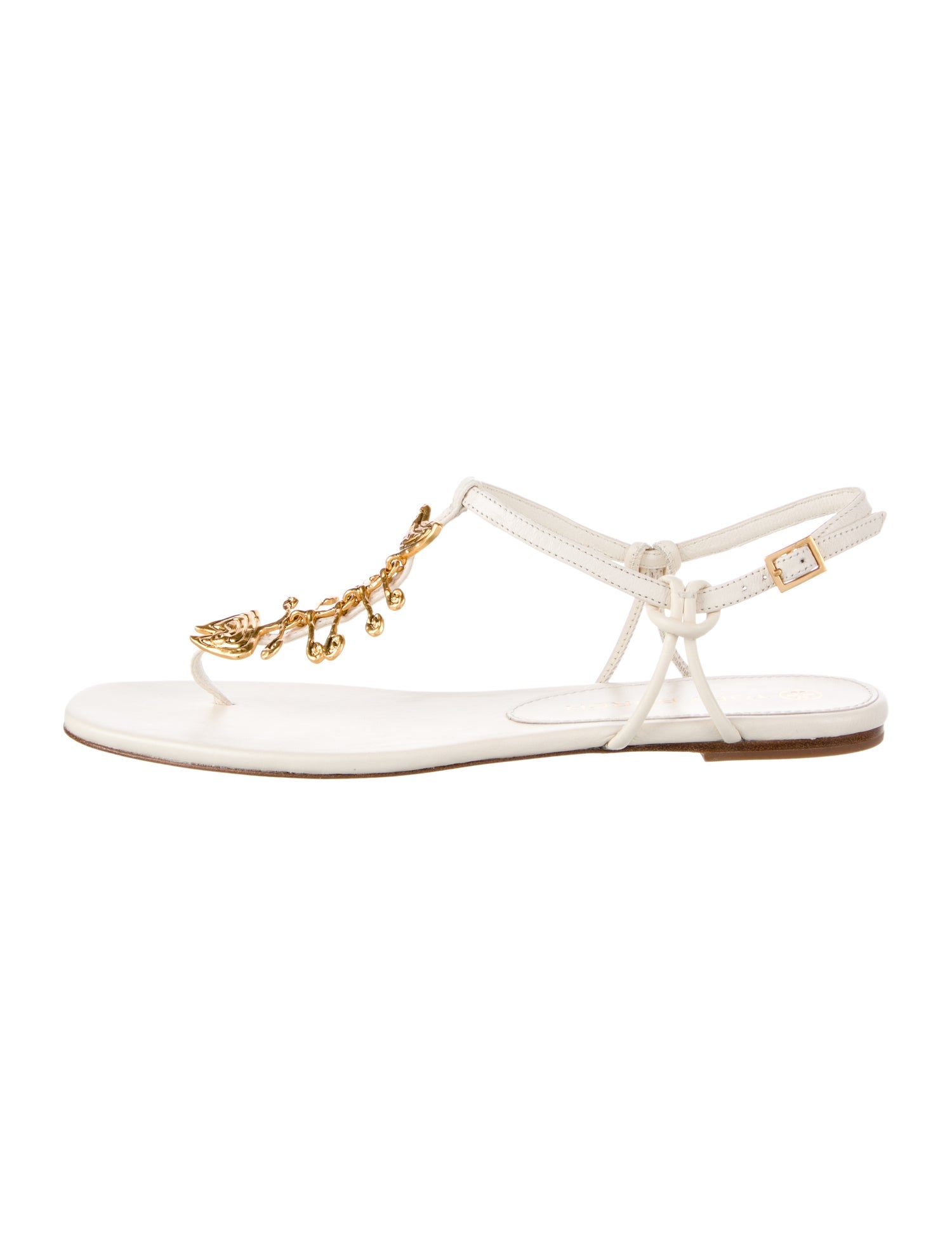 Tory Burch Faux Pearl Accents Leather T-Strap Sandals