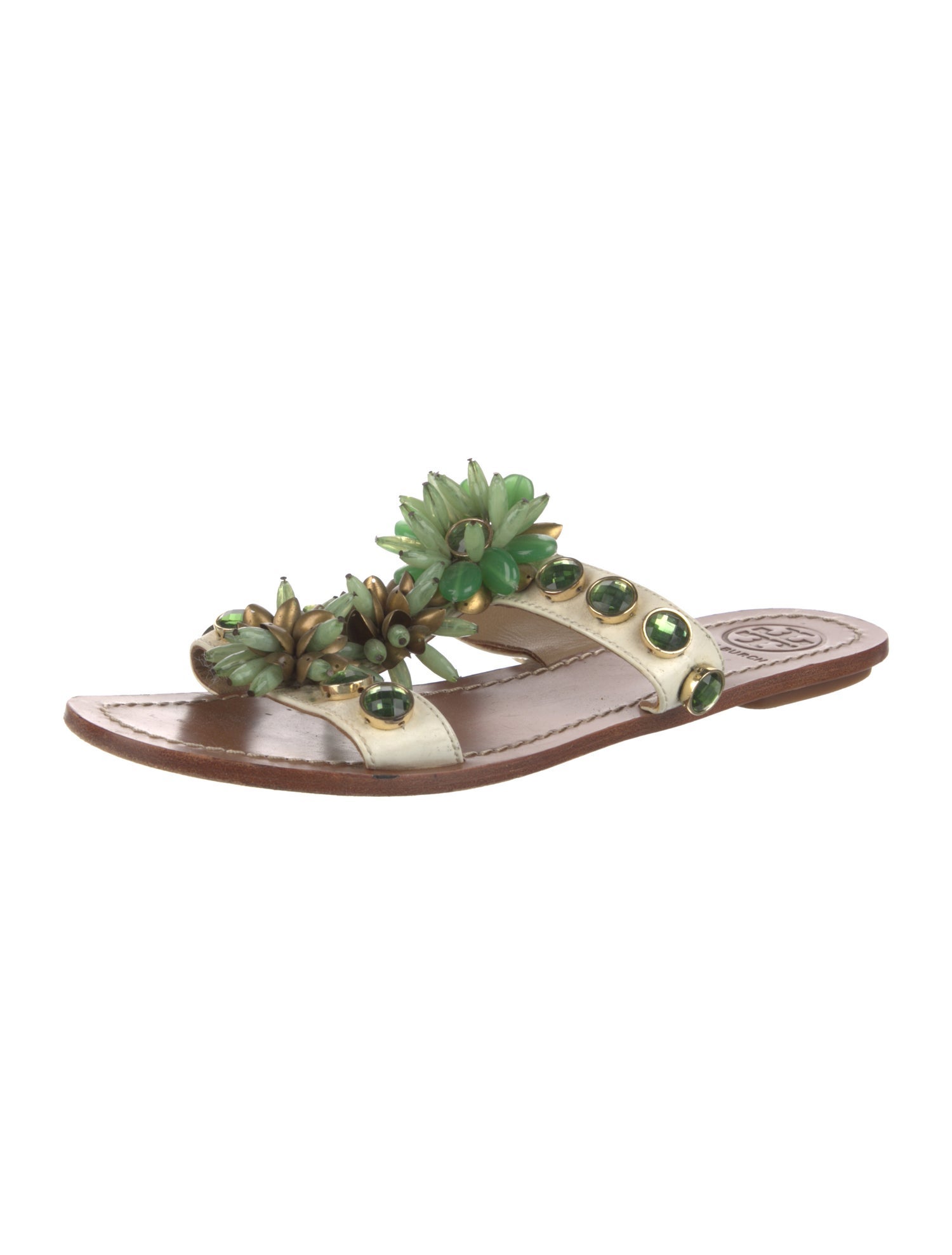Tory Burch Leather Crystal Embellishments Slides