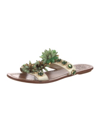 Tory Burch Leather Crystal Embellishments Slides