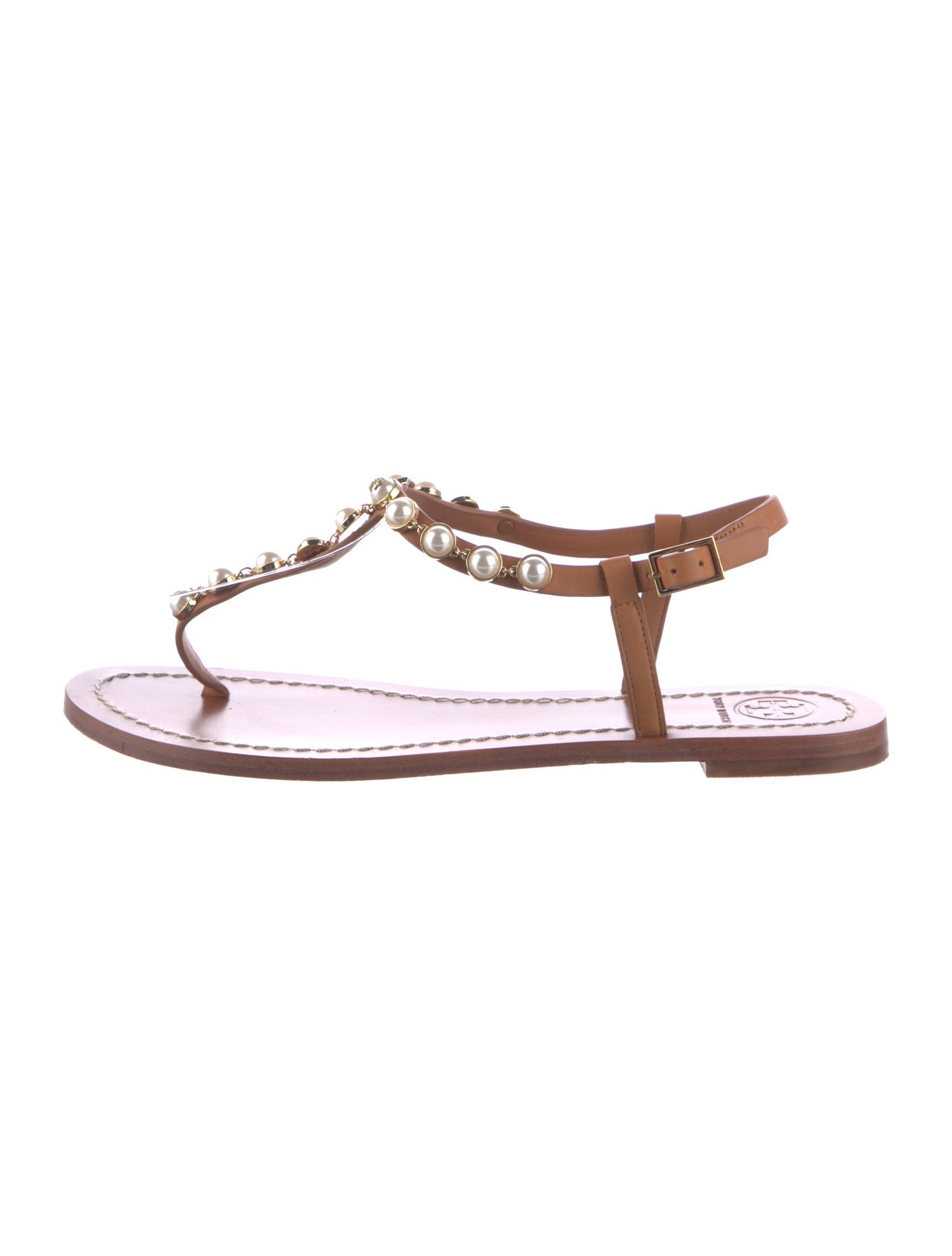 Tory Burch Faux Pearl Accents Leather T-Strap Sandals