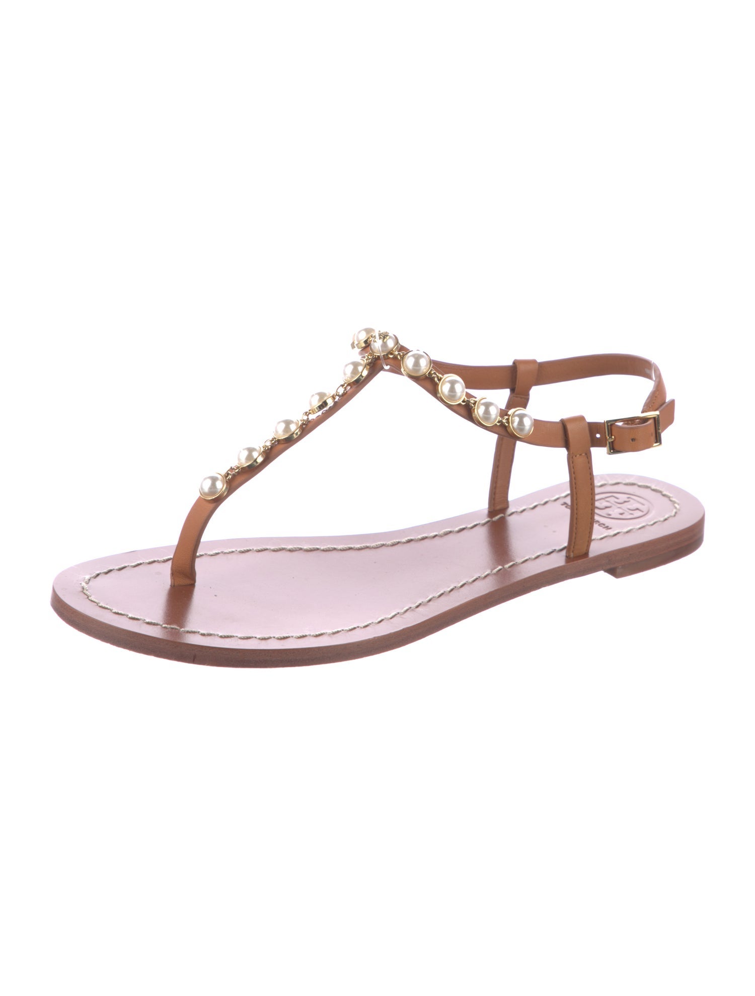 Tory Burch Faux Pearl Accents Leather T-Strap Sandals
