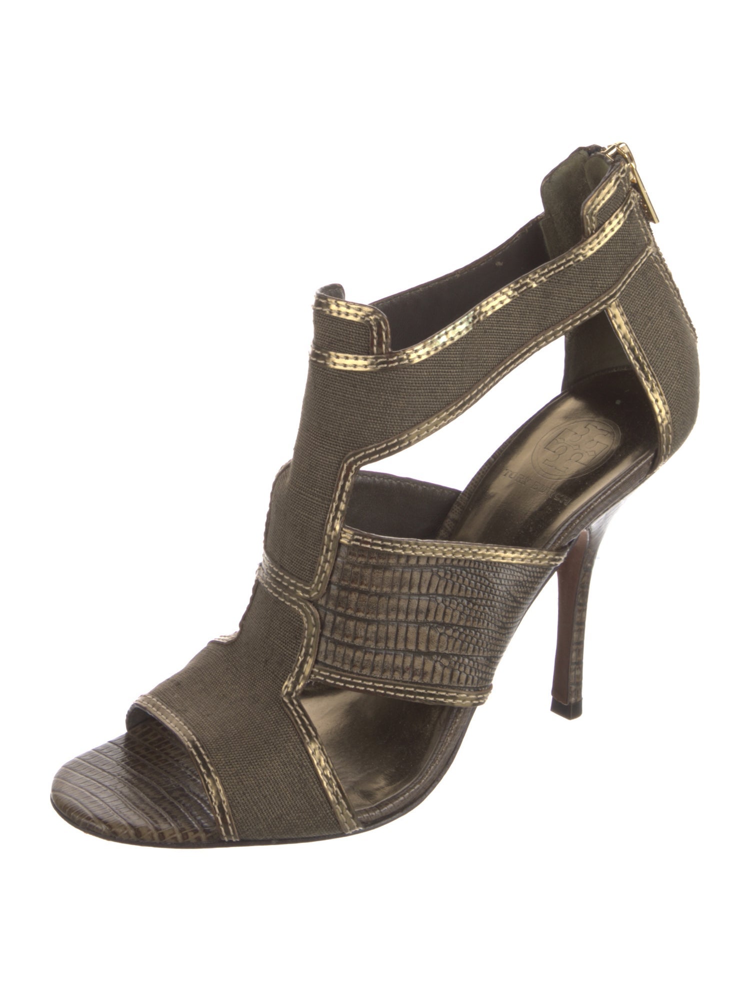 Tory Burch Canvas Leather Trim Embellishment T-Strap Sandals