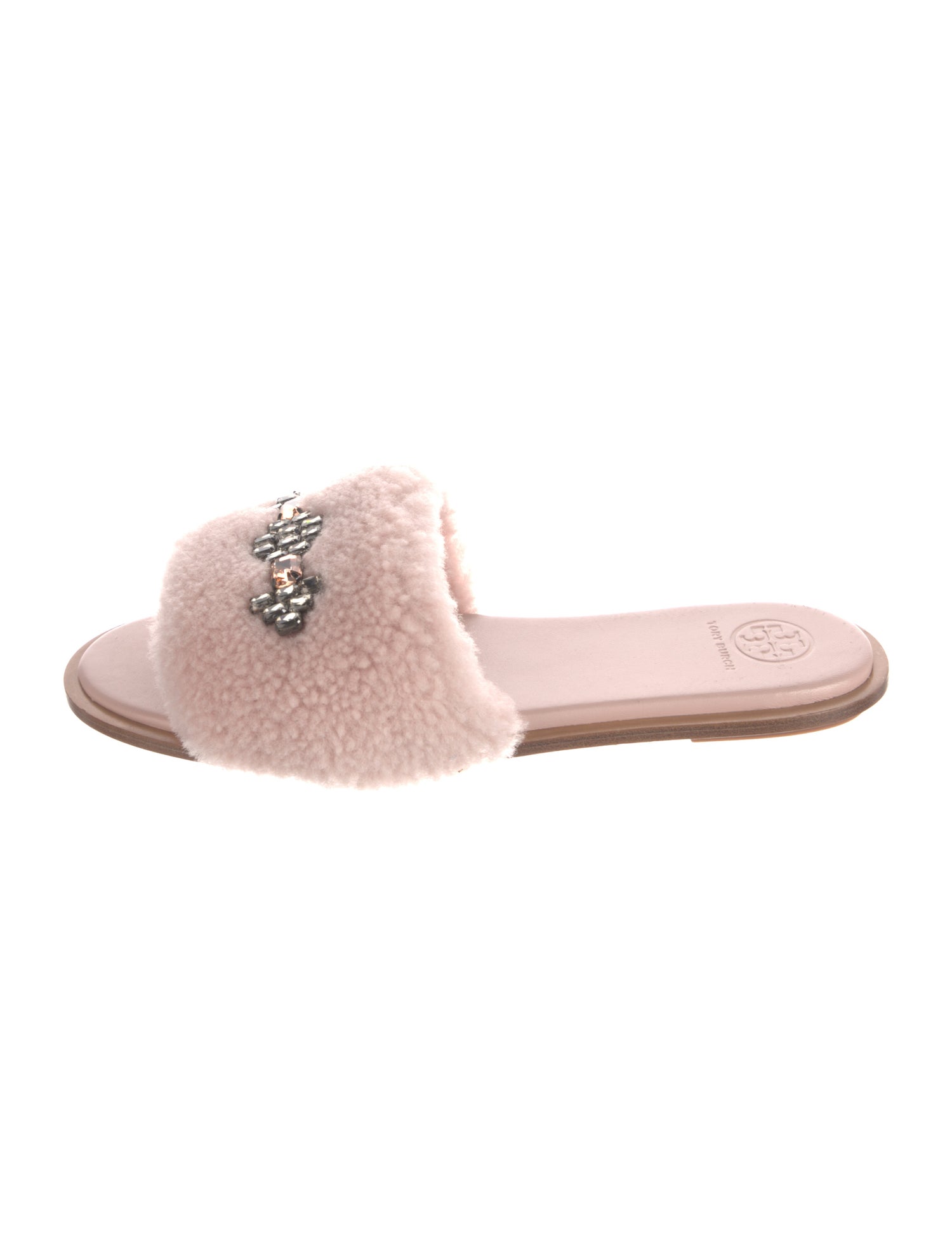 Tory Burch Shearling Crystal Embellishments Slides