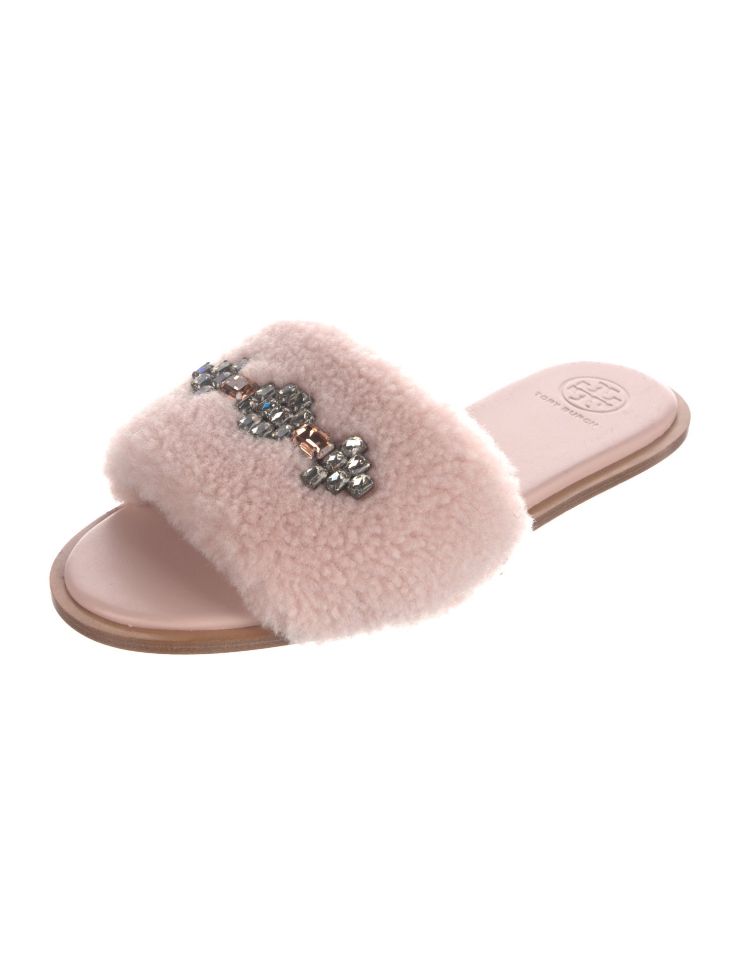 Tory Burch Shearling Crystal Embellishments Slides