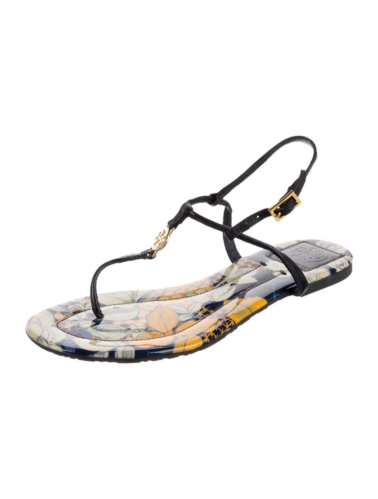 Tory Burch Patent Leather Printed T-Strap Sandals
