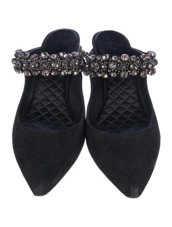 Tory Burch Suede Crystal Embellishments Mules