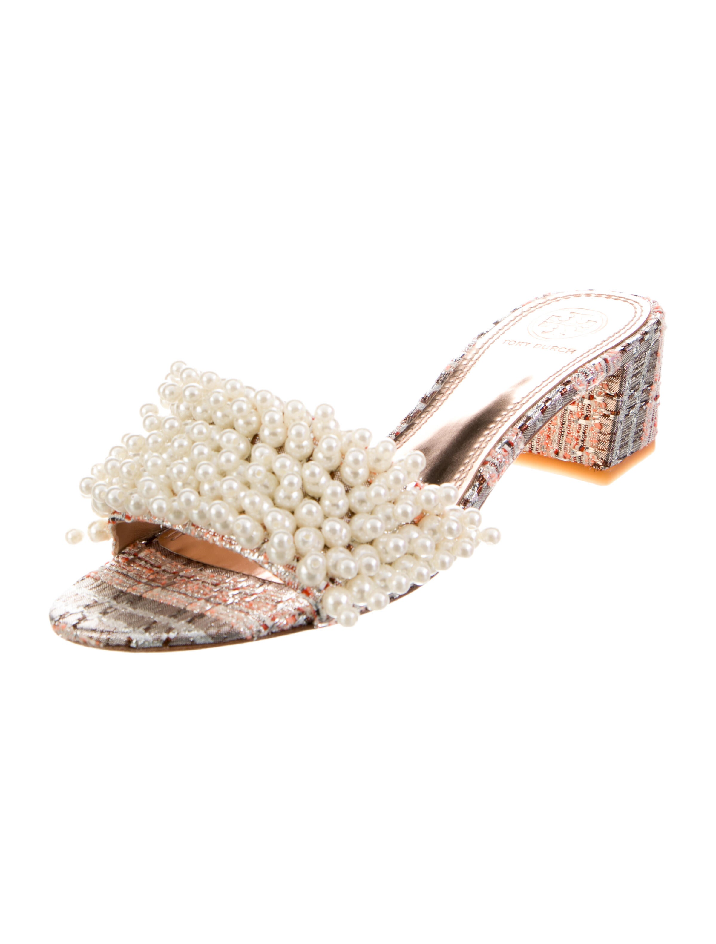 Tory Burch Faux Pearl Accents Tweed Pattern Slides