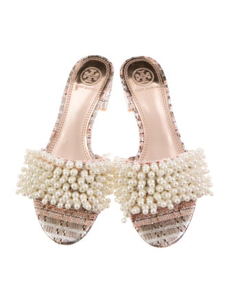 Tory Burch Faux Pearl Accents Tweed Pattern Slides