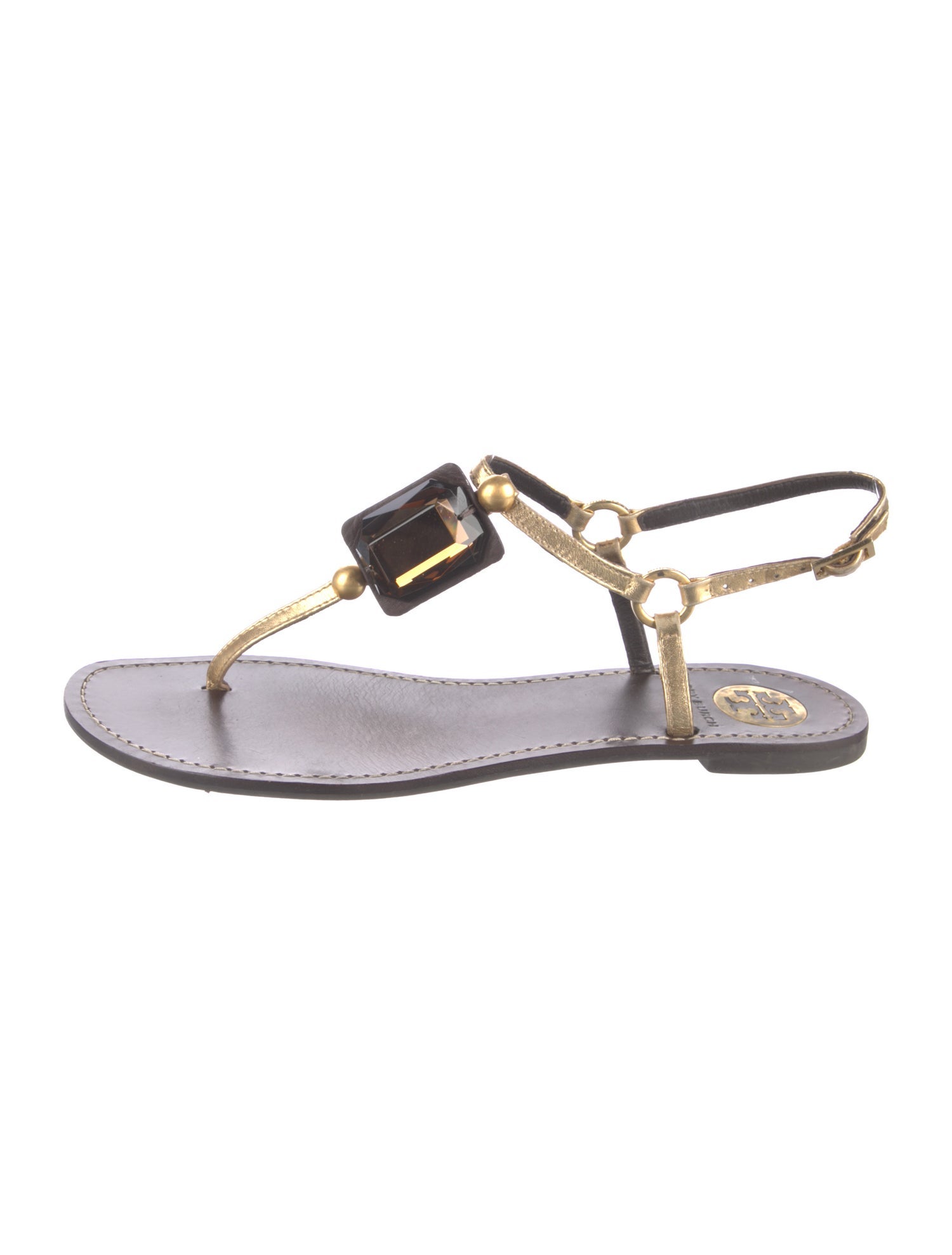 Tory Burch Leather Crystal Embellishments T-Strap Sandals