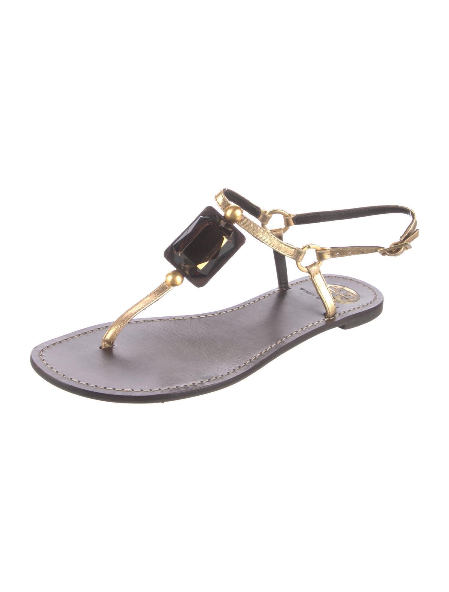 Tory Burch Leather Crystal Embellishments T-Strap Sandals