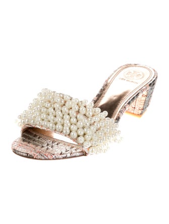 Tory Burch Faux Pearl Accents Tweed Pattern Slides