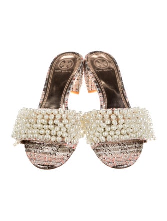 Tory Burch Faux Pearl Accents Tweed Pattern Slides